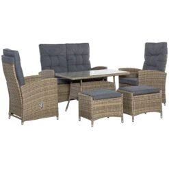 Outsunny Patio Furniture Dining Set With Recliner Armchairs 6 Piece - Brown