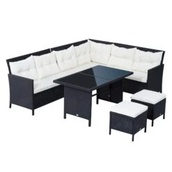 Outsunny Rattan Corner Sofa Set With Table And Footstools - Black