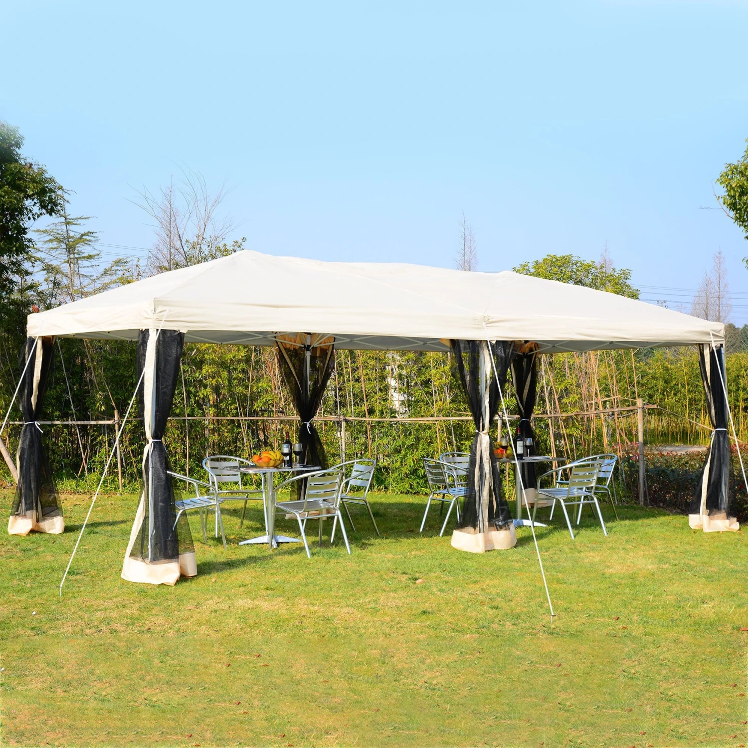Outsunny 3 X 6 M Pop Up Gazebo With Mesh Sidewalls And Storage Bag, Party Tent Canopy Marquee For Garden, Patio - Beige 2 Outsunny 3 X 6 M Pop Up Gazebo With Mesh Sidewalls And Storage Bag, Party Tent Canopy Marquee For Garden, Patio - Beige - Image 2