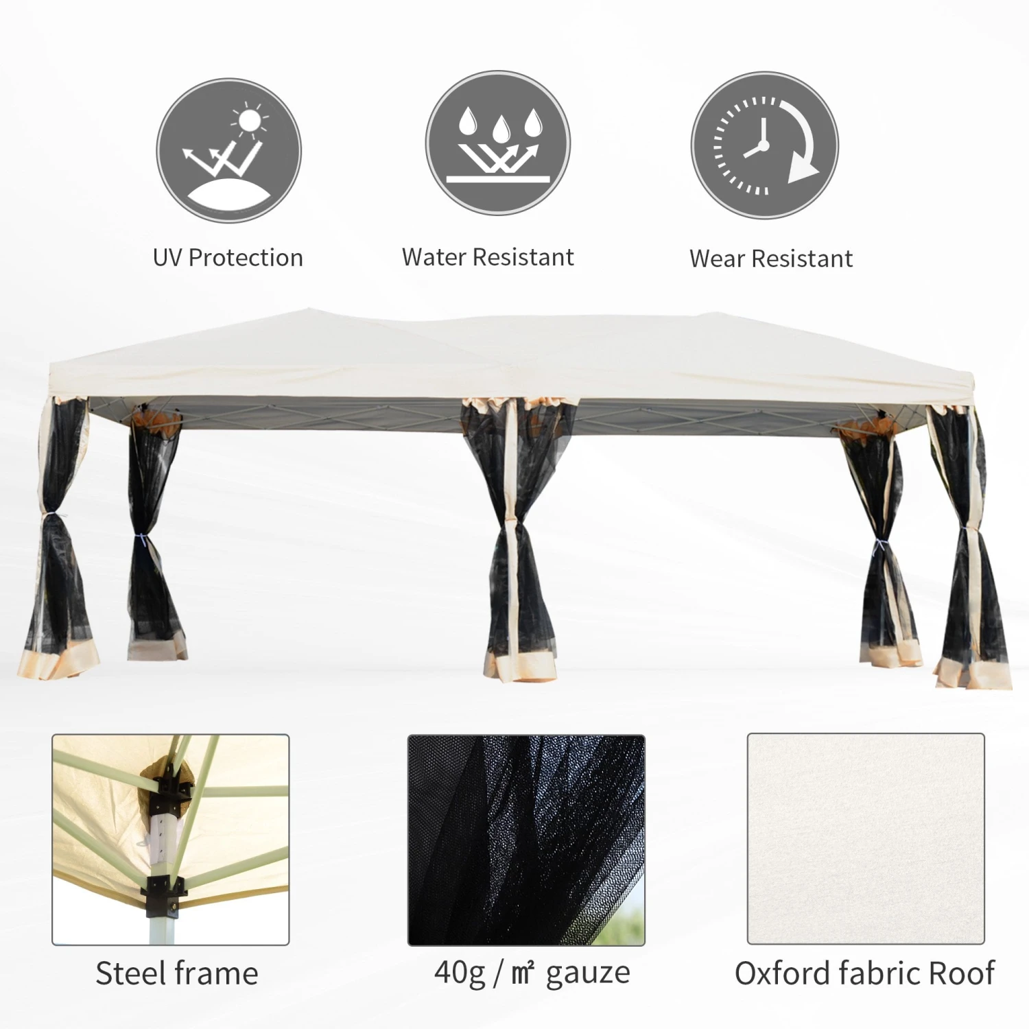 Outsunny 3 X 6 M Pop Up Gazebo With Mesh Sidewalls And Storage Bag, Party Tent Canopy Marquee For Garden, Patio - Beige 4 Outsunny 3 X 6 M Pop Up Gazebo With Mesh Sidewalls And Storage Bag, Party Tent Canopy Marquee For Garden, Patio - Beige - Image 4