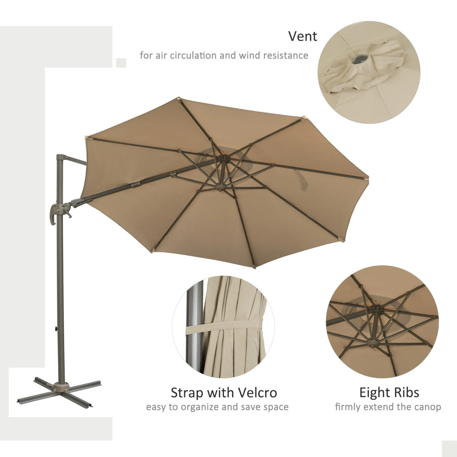 Outsunny Adjustable Angle Hanging Parasol 3 M - Khaki 7 Outsunny Adjustable Angle Hanging Parasol 3 M - Khaki - Image 7
