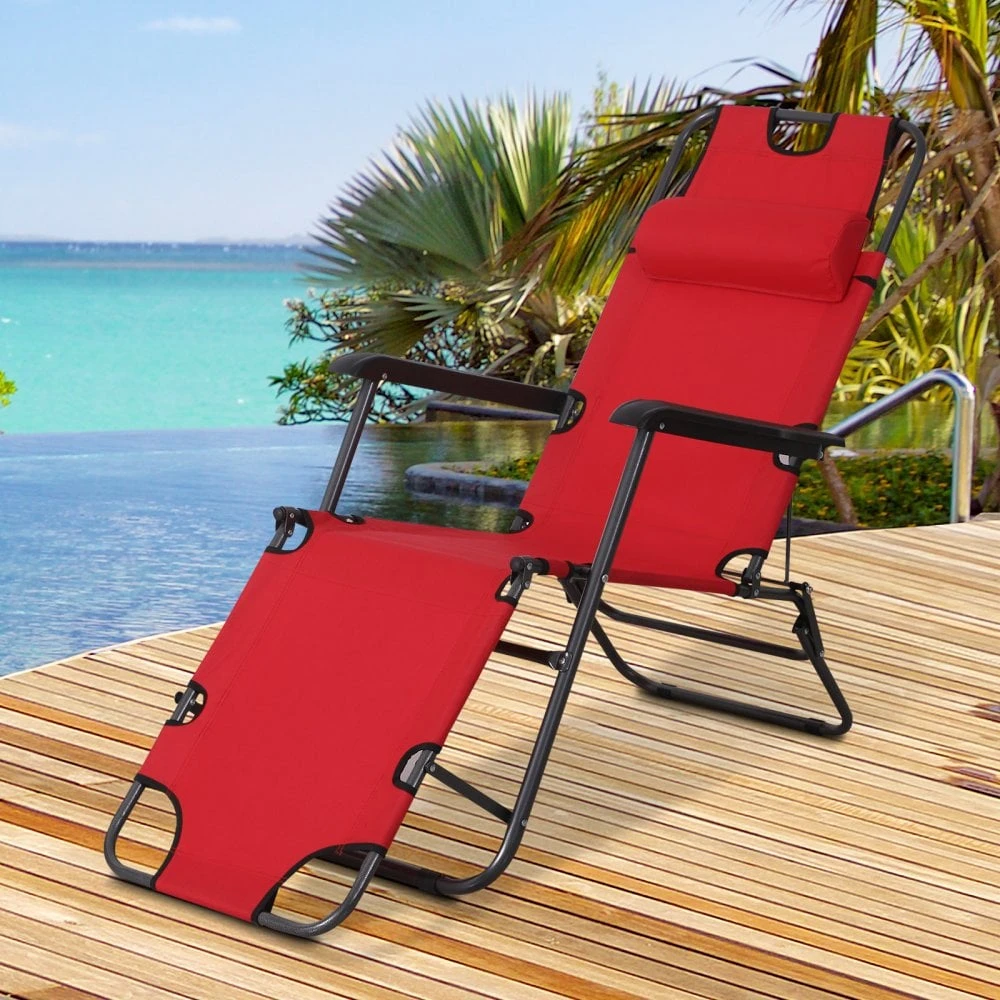 Outsunny-2 In 1 Metal Frame Sun Lounger With Pillow - Red 2 Outsunny-2 In 1 Metal Frame Sun Lounger With Pillow - Red - Image 2