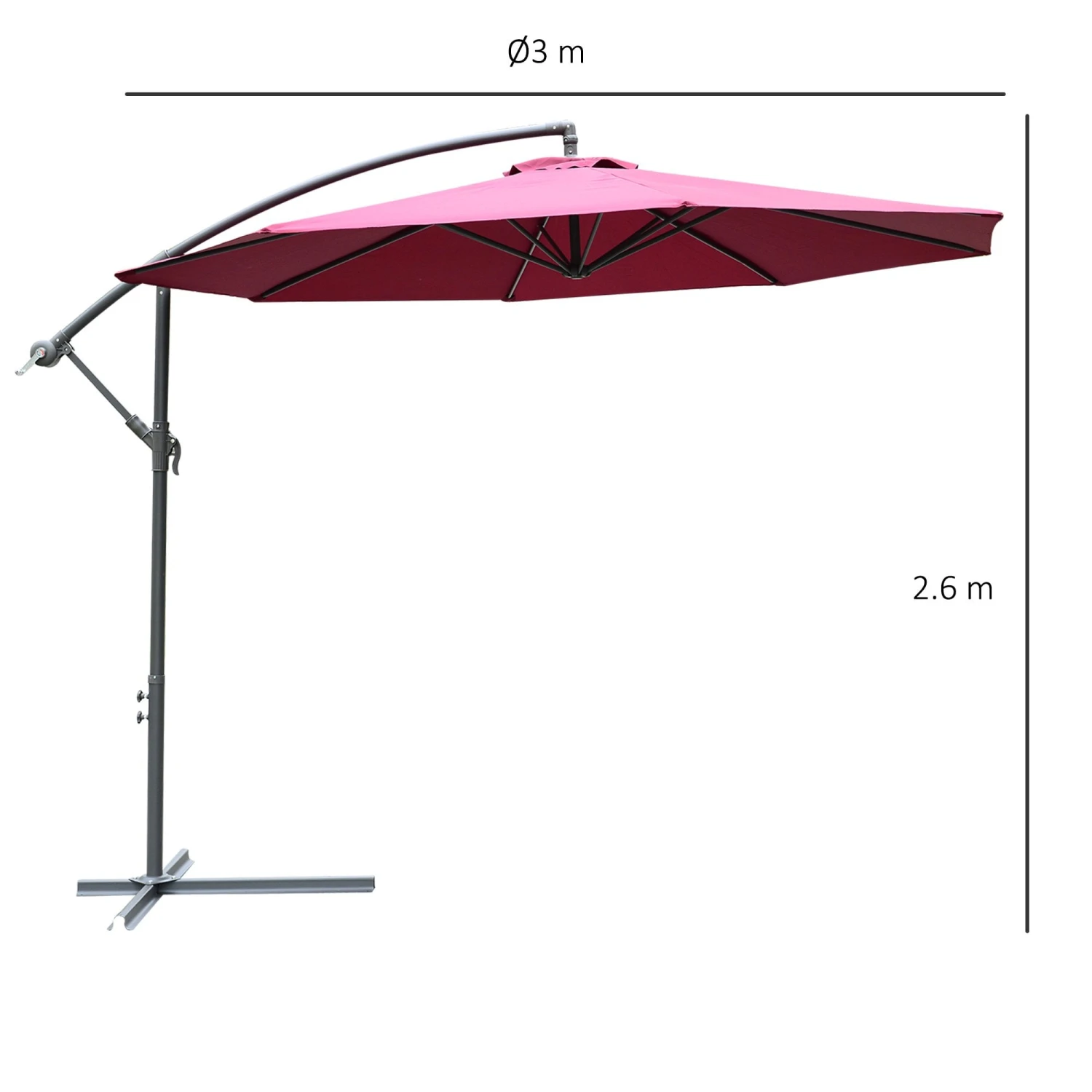 Outsunny UV And Water Resistant Hanging Garden Parasol 3m - Red 3 Outsunny UV And Water Resistant Hanging Garden Parasol 3m - Red - Image 3