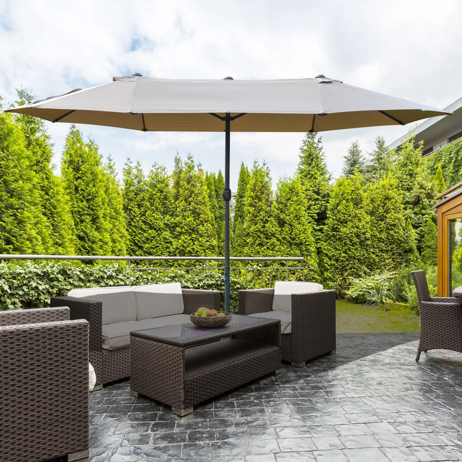 Outsunny Double Sided Umbrella Parasol With Cross Base 4.6 M - Khaki 2 Outsunny Double Sided Umbrella Parasol With Cross Base 4.6 M - Khaki - Image 2