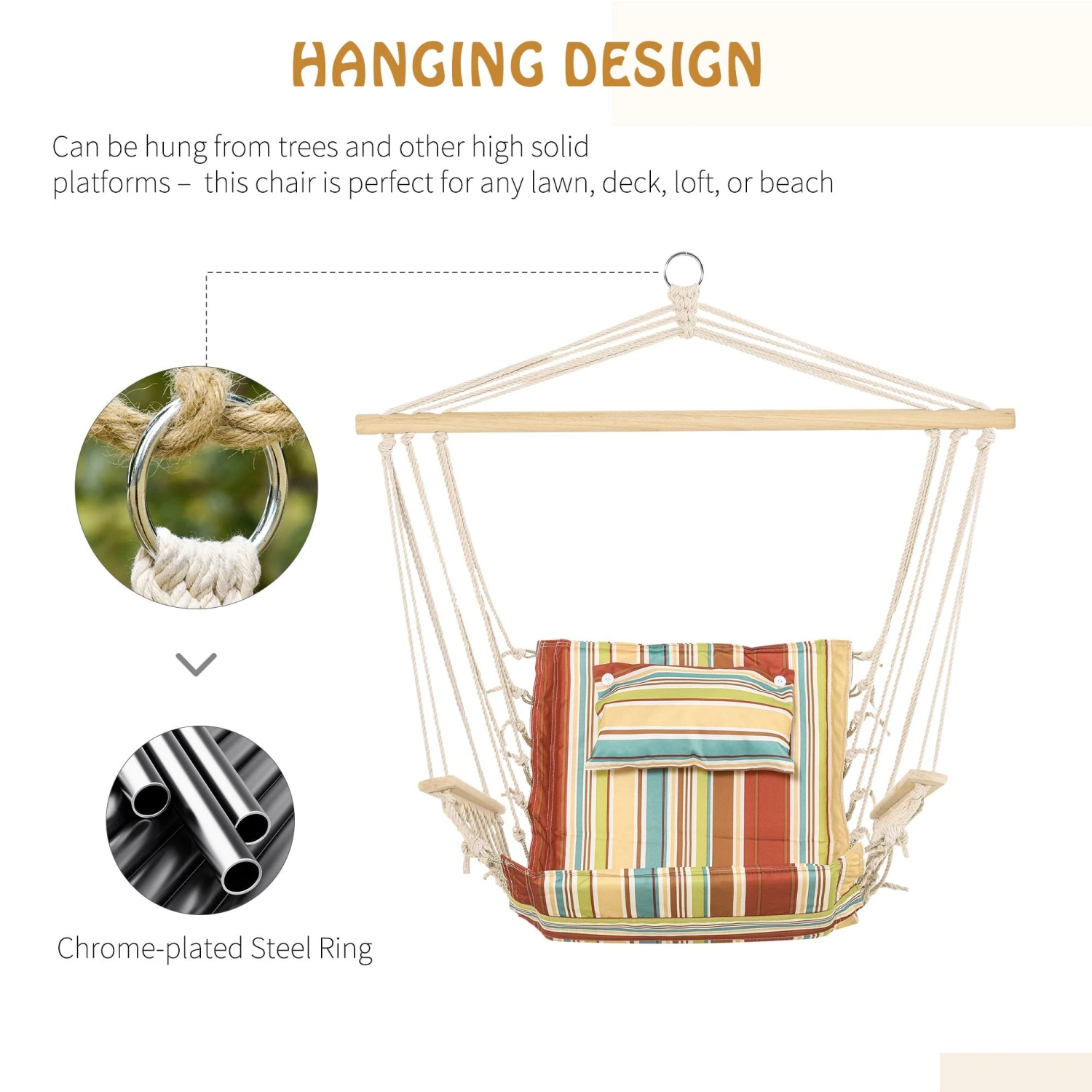 Outsunny Hanging Rope Frame Hammock Chair - Stripe 7 Outsunny Hanging Rope Frame Hammock Chair - Stripe - Image 7
