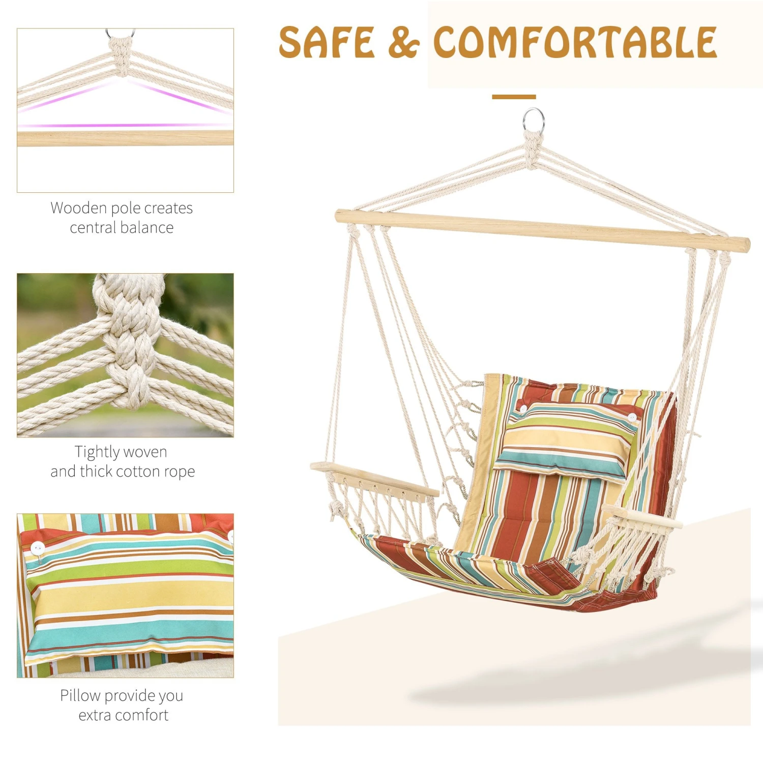 Outsunny Hanging Rope Frame Hammock Chair - Stripe 8 Outsunny Hanging Rope Frame Hammock Chair - Stripe - Image 8