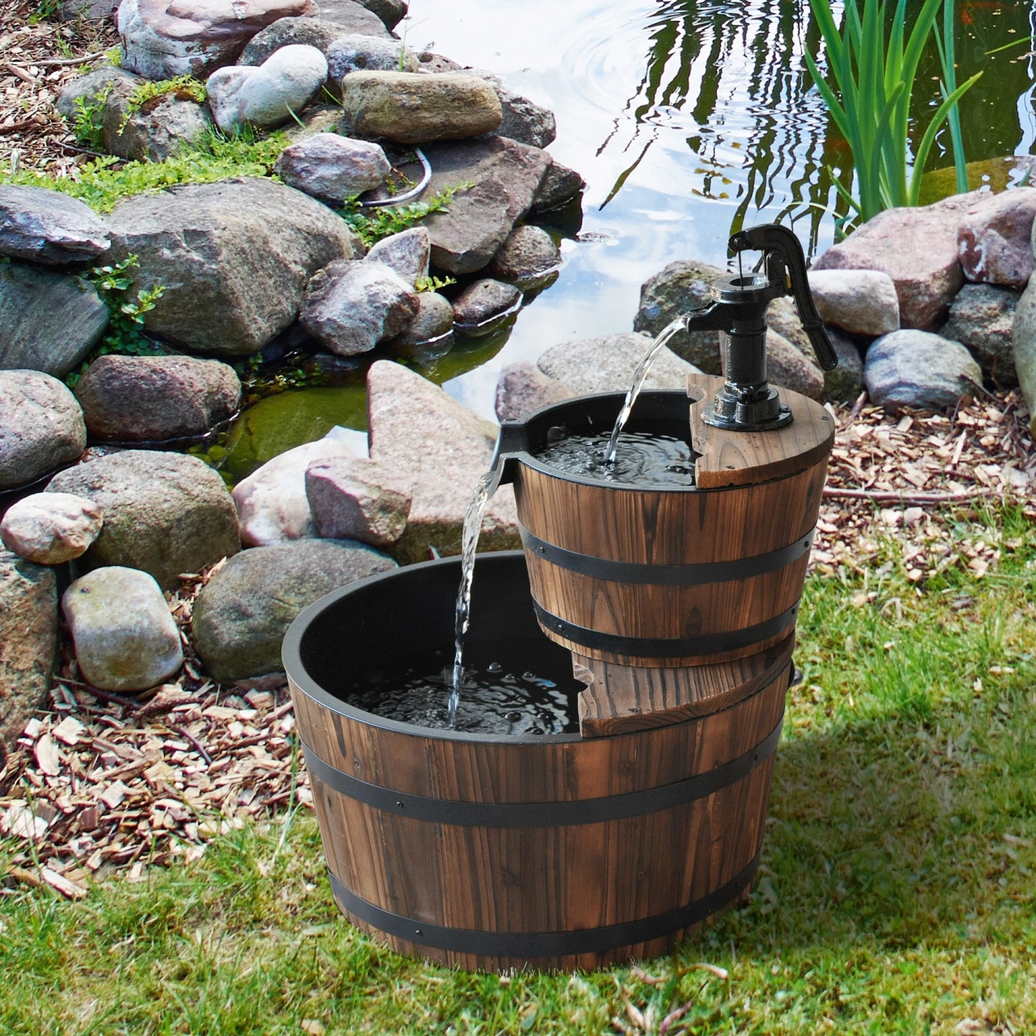 Outsunny 2 Tier Wooden Water Pump Fountain 2 Outsunny 2 Tier Wooden Water Pump Fountain - Image 2