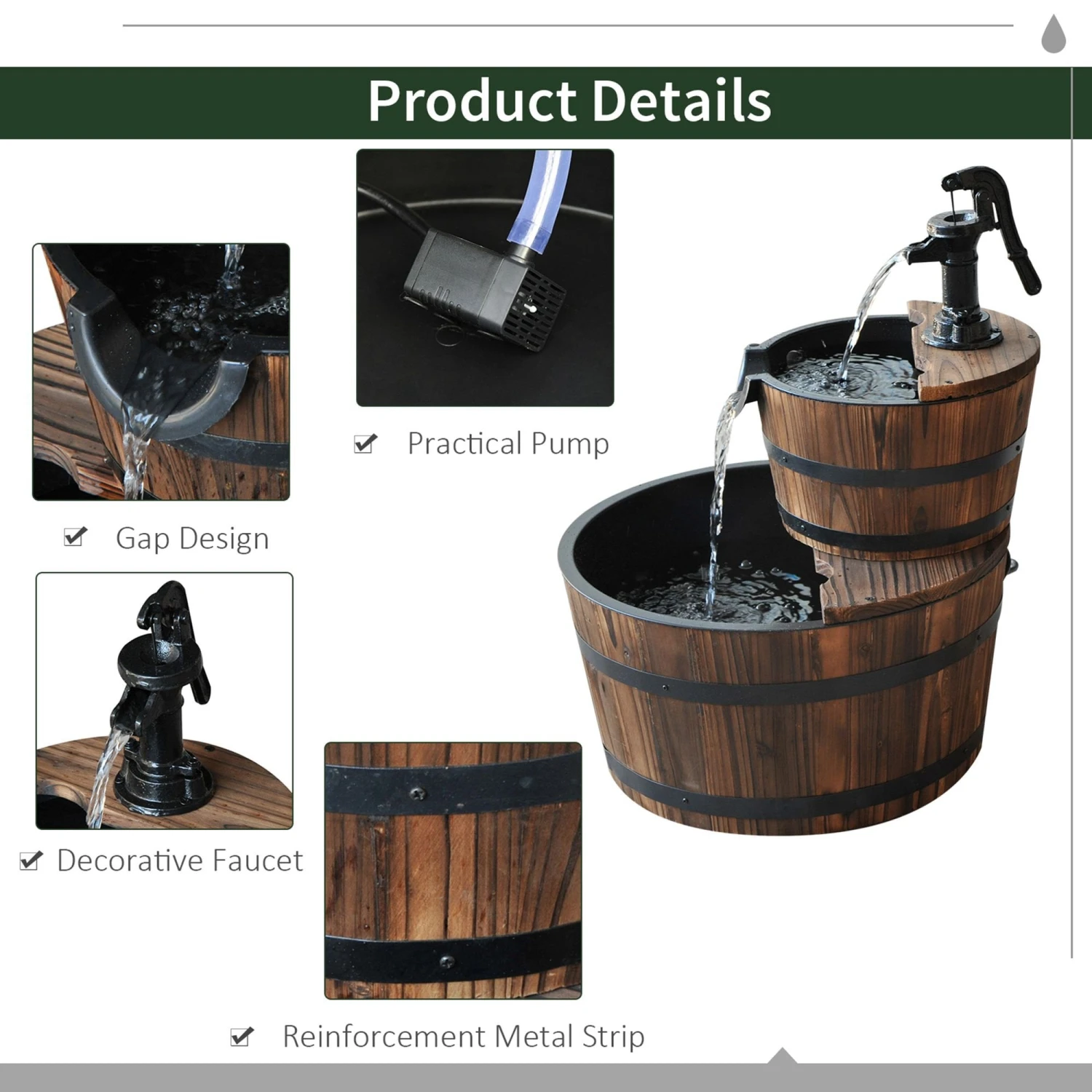 Outsunny 2 Tier Wooden Water Pump Fountain 6 Outsunny 2 Tier Wooden Water Pump Fountain - Image 6