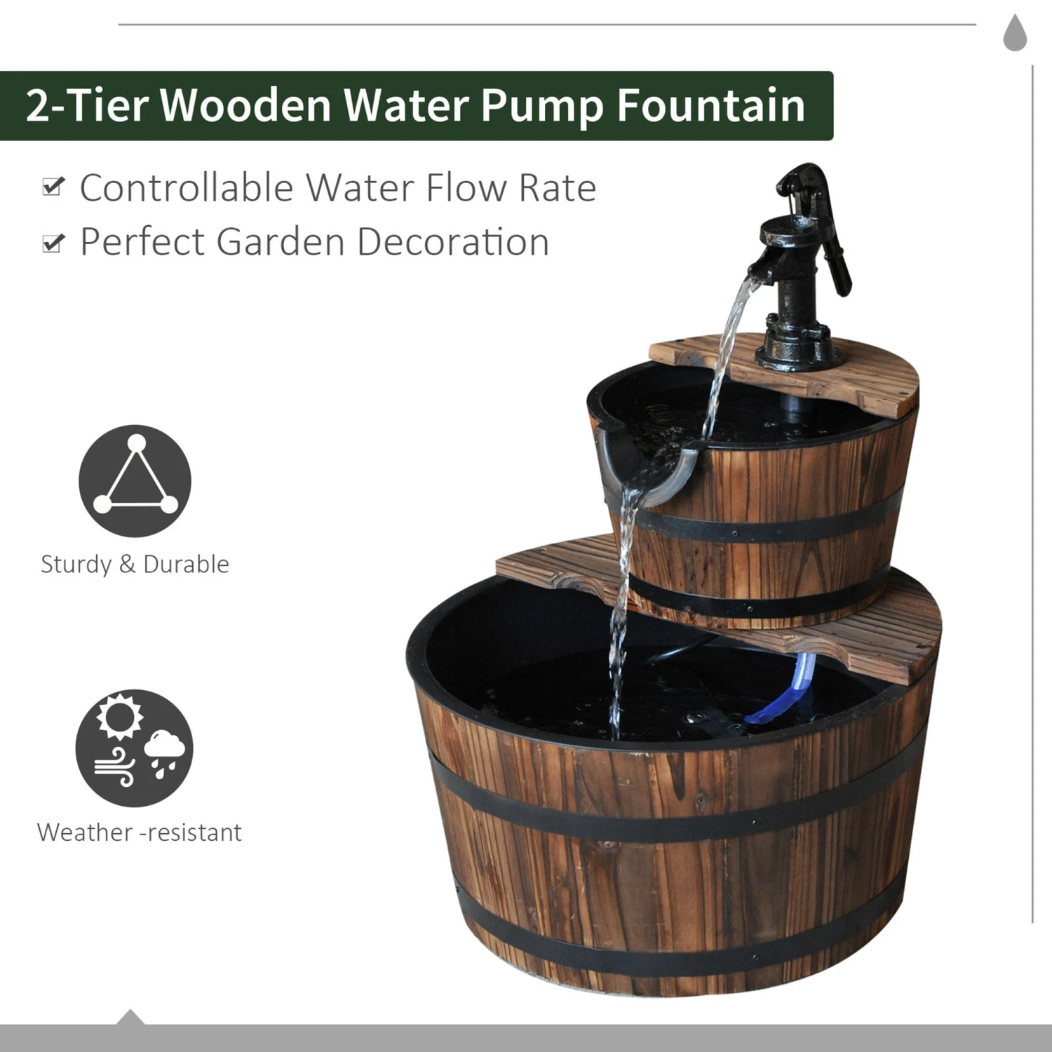 Outsunny 2 Tier Wooden Water Pump Fountain 7 Outsunny 2 Tier Wooden Water Pump Fountain - Image 7