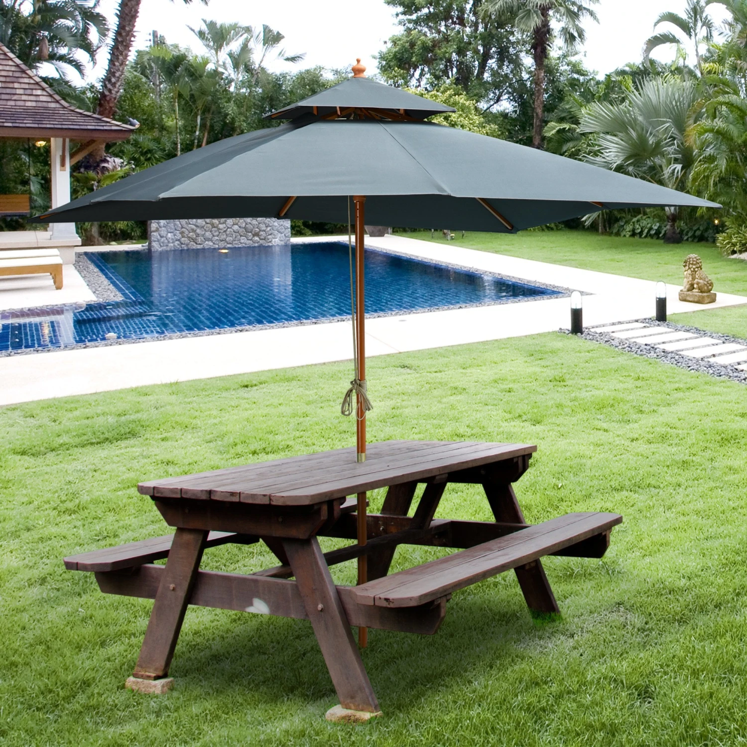 Oasis 3 M X 3 M Double Tier Wooden Umbrella Parasol - Dark Grey 2 Oasis 3 M X 3 M Double Tier Wooden Umbrella Parasol - Dark Grey - Image 2
