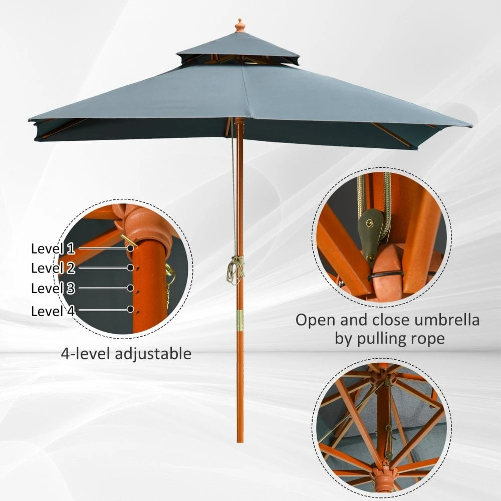 Oasis 3 M X 3 M Double Tier Wooden Umbrella Parasol - Dark Grey 7 Oasis 3 M X 3 M Double Tier Wooden Umbrella Parasol - Dark Grey - Image 7