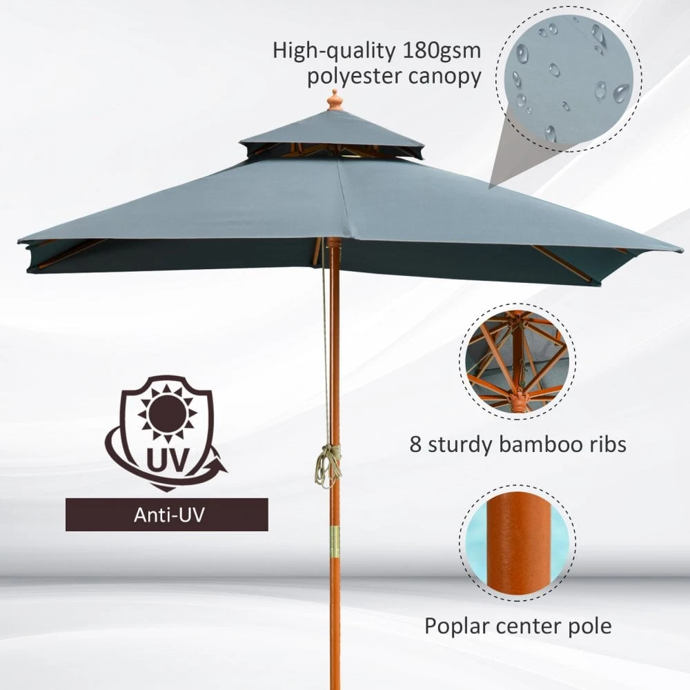 Oasis 3 M X 3 M Double Tier Wooden Umbrella Parasol - Dark Grey 9 Oasis 3 M X 3 M Double Tier Wooden Umbrella Parasol - Dark Grey - Image 9