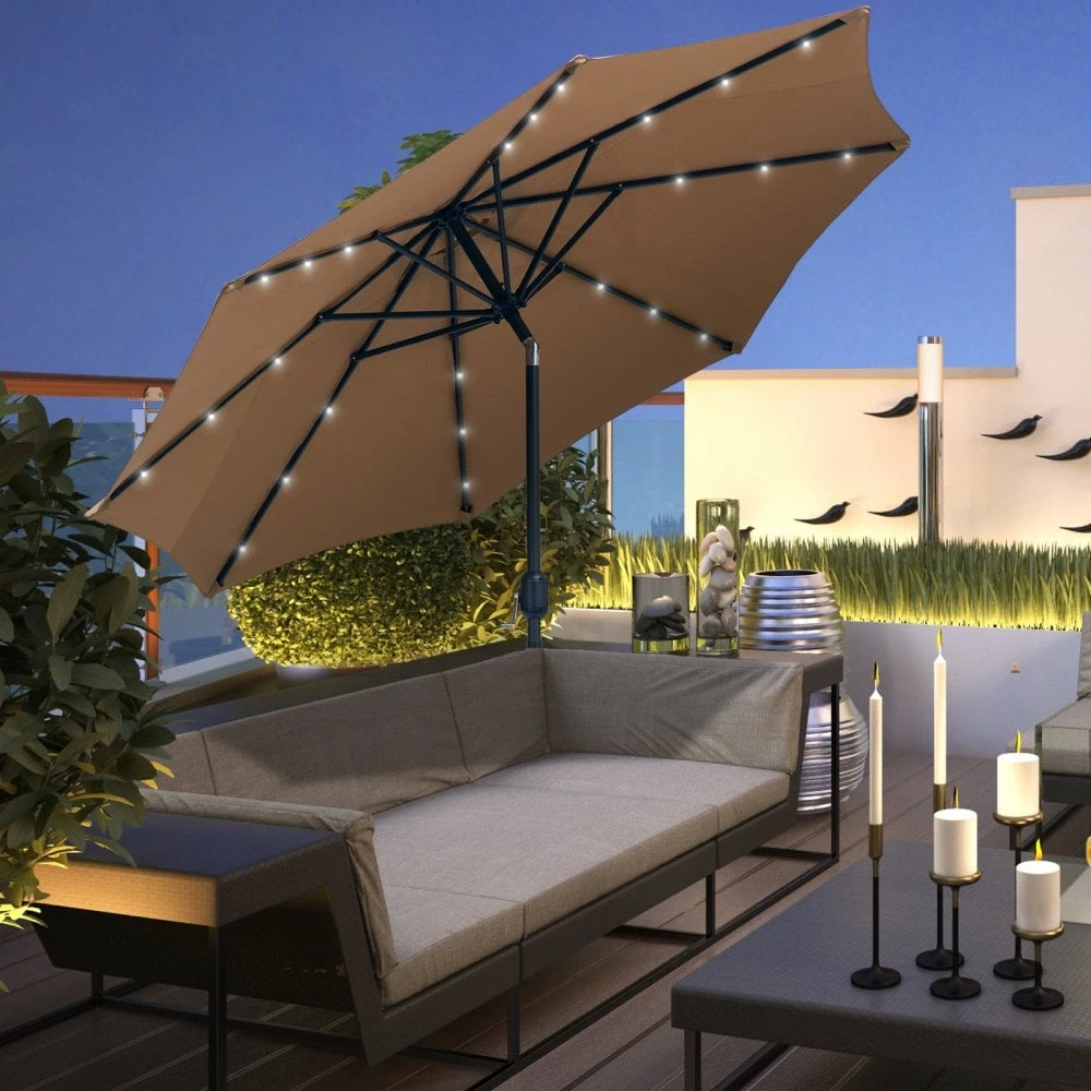 Outsunny 24 LED Solar Powered Parasol Umbrella-Brown 2 Outsunny 24 LED Solar Powered Parasol Umbrella-Brown - Image 2