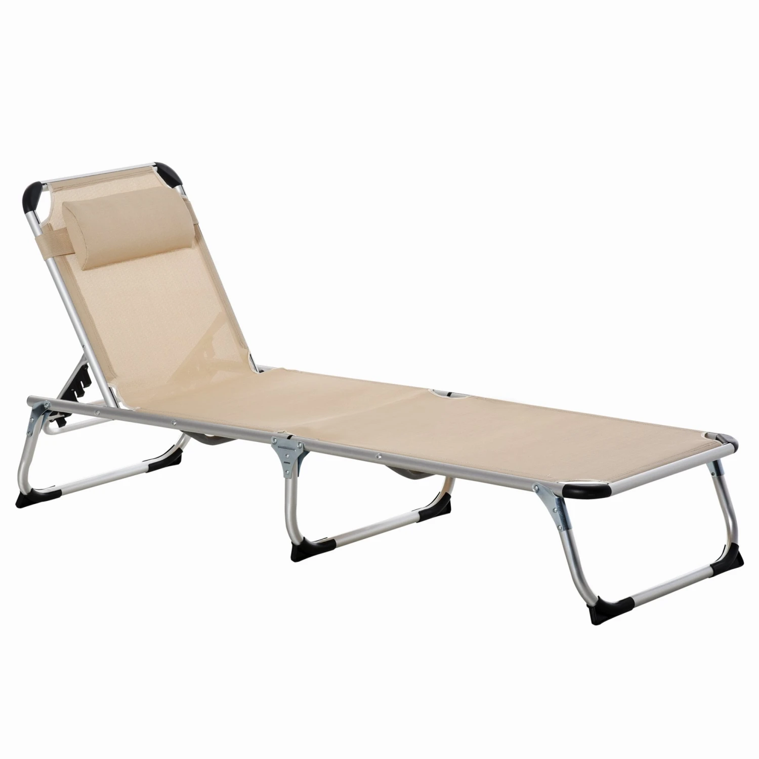Outsunny Folding Reclining Sun Lounger With Pillow - Khaki 1 Outsunny Folding Reclining Sun Lounger With Pillow - Khaki