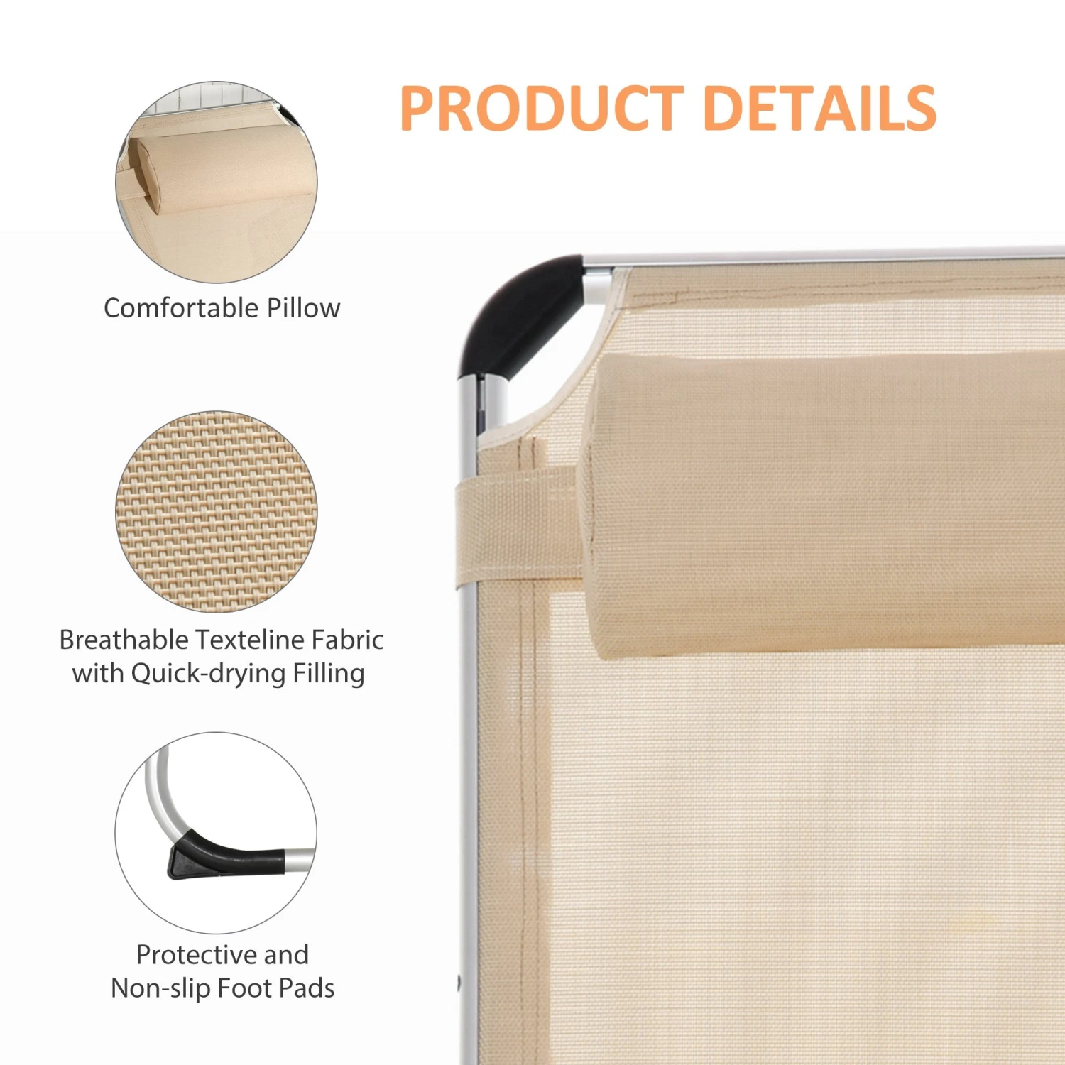 Outsunny Folding Reclining Sun Lounger With Pillow - Khaki 5 Outsunny Folding Reclining Sun Lounger With Pillow - Khaki - Image 5