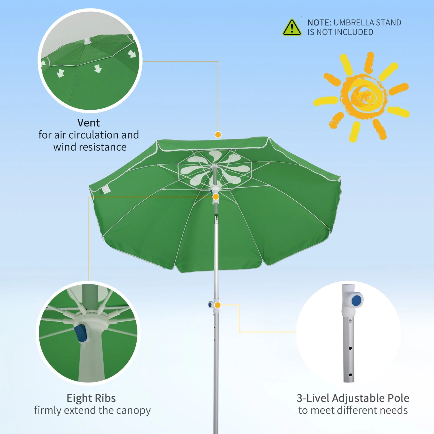 Oasis 1.9 M Beach Umbrella Parasol With Ajustable Angle And Carry Bag - Green 7 Oasis 1.9 M Beach Umbrella Parasol With Ajustable Angle And Carry Bag - Green - Image 7
