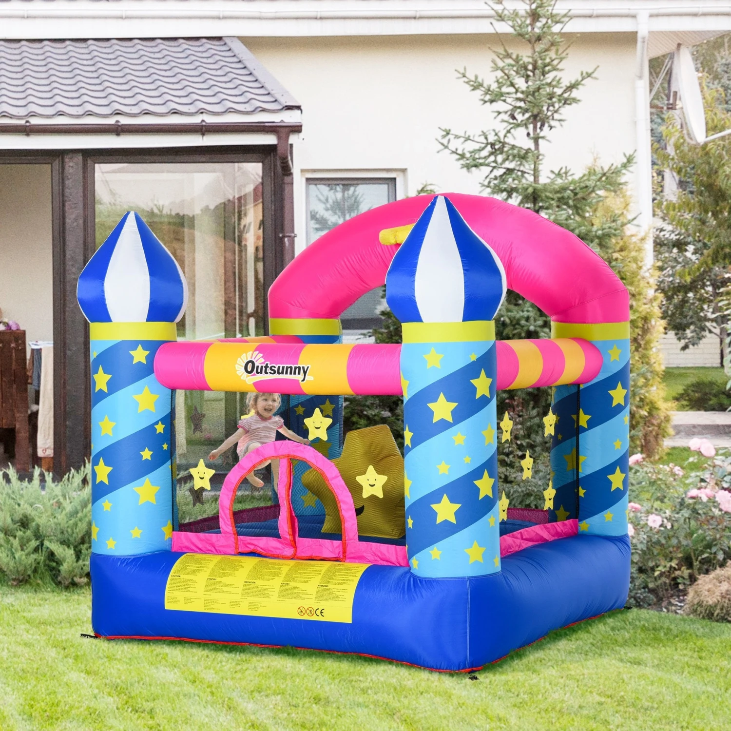 Outsunny Kids Bounce Castle House Inflatable Trampoline Basket With Inflator For Age 3-12 Castle Stars Design 2 Outsunny Kids Bounce Castle House Inflatable Trampoline Basket With Inflator For Age 3-12 Castle Stars Design - Image 2