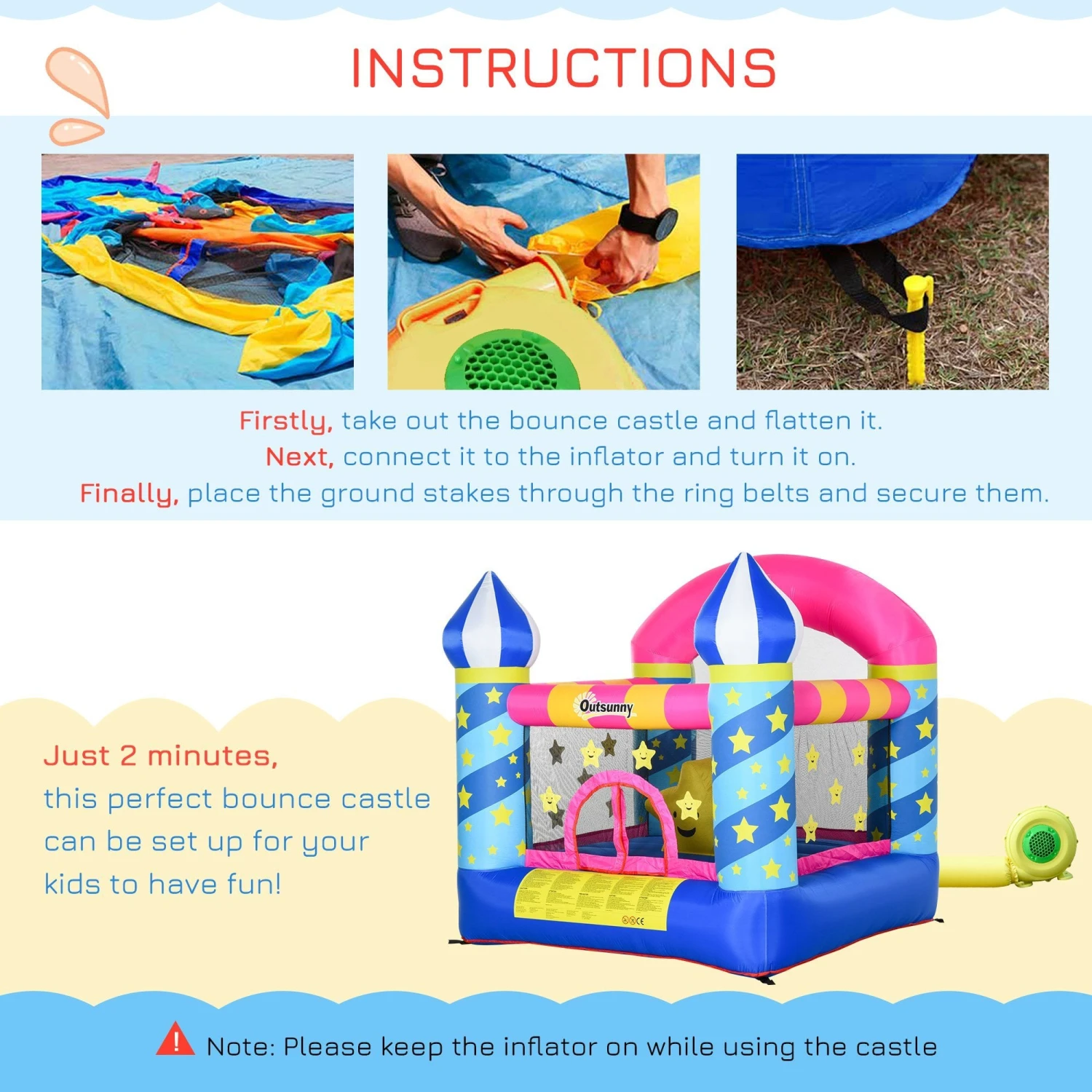 Outsunny Kids Bounce Castle House Inflatable Trampoline Basket With Inflator For Age 3-12 Castle Stars Design 6 Outsunny Kids Bounce Castle House Inflatable Trampoline Basket With Inflator For Age 3-12 Castle Stars Design - Image 6