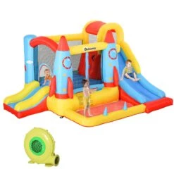 Outsunny Kids Bounce Castle House, 3 In 1 Water Slide And Pool With Inflator, Rocket Design With Carrybag