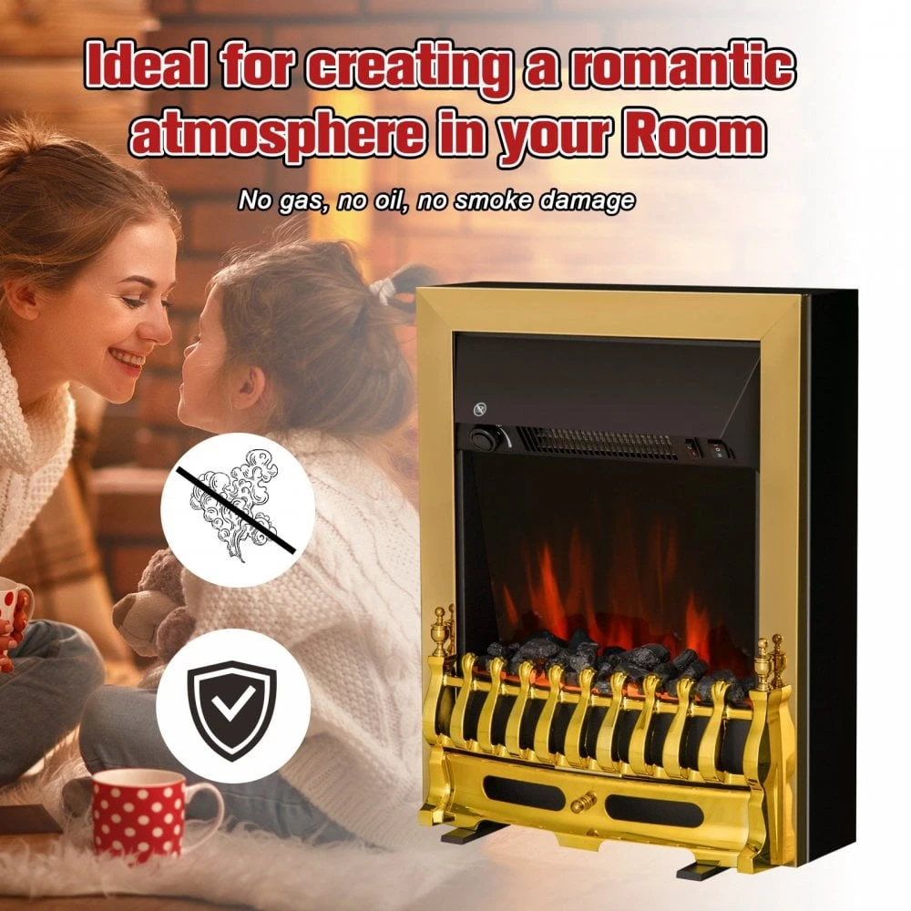 HOMCOM LED Flame Electric Fire Place 2000W Coal Burning Effect Heat-Golden 5 HOMCOM LED Flame Electric Fire Place 2000W Coal Burning Effect Heat-Golden - Image 5