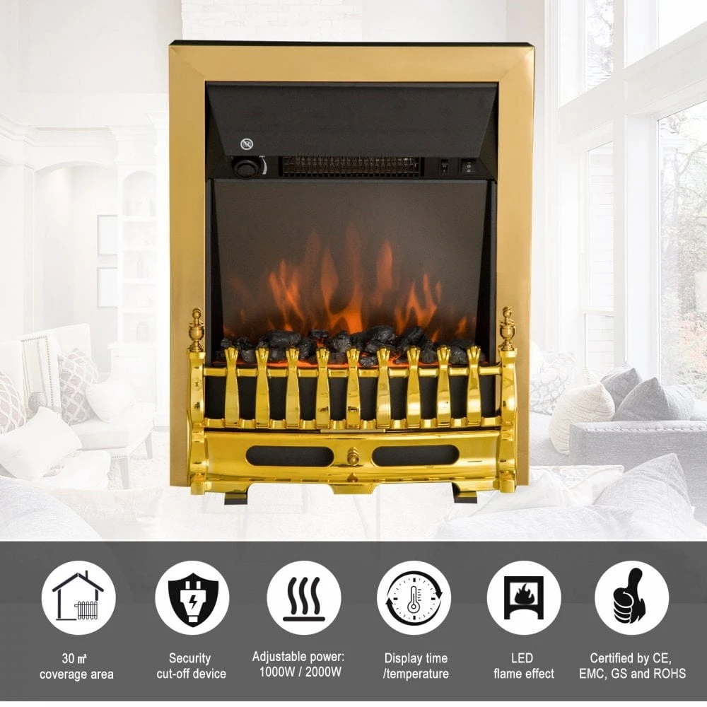 HOMCOM LED Flame Electric Fire Place 2000W Coal Burning Effect Heat-Golden 6 HOMCOM LED Flame Electric Fire Place 2000W Coal Burning Effect Heat-Golden - Image 6