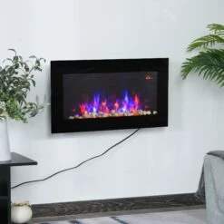 HOMCOM 2000W Wall Mounted Tempered Large LED Flat Glass Electric Fireplace Heater Black -Home Furnishing Serie Shop 1645290173 18542200