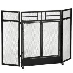 HOMCOM 3-Panel Folding Fireplace Screen With Door, Freestanding Spark Guard, Metal Mesh Fireguard, Black Door Mesh