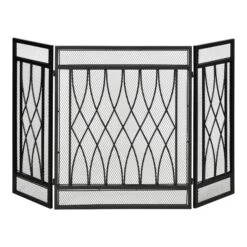 HOMCOM 3-Panel Folding Fireplace Screen, Metal Mesh Fire Spark Guard, 126L X 3W X 80H Cm-Black