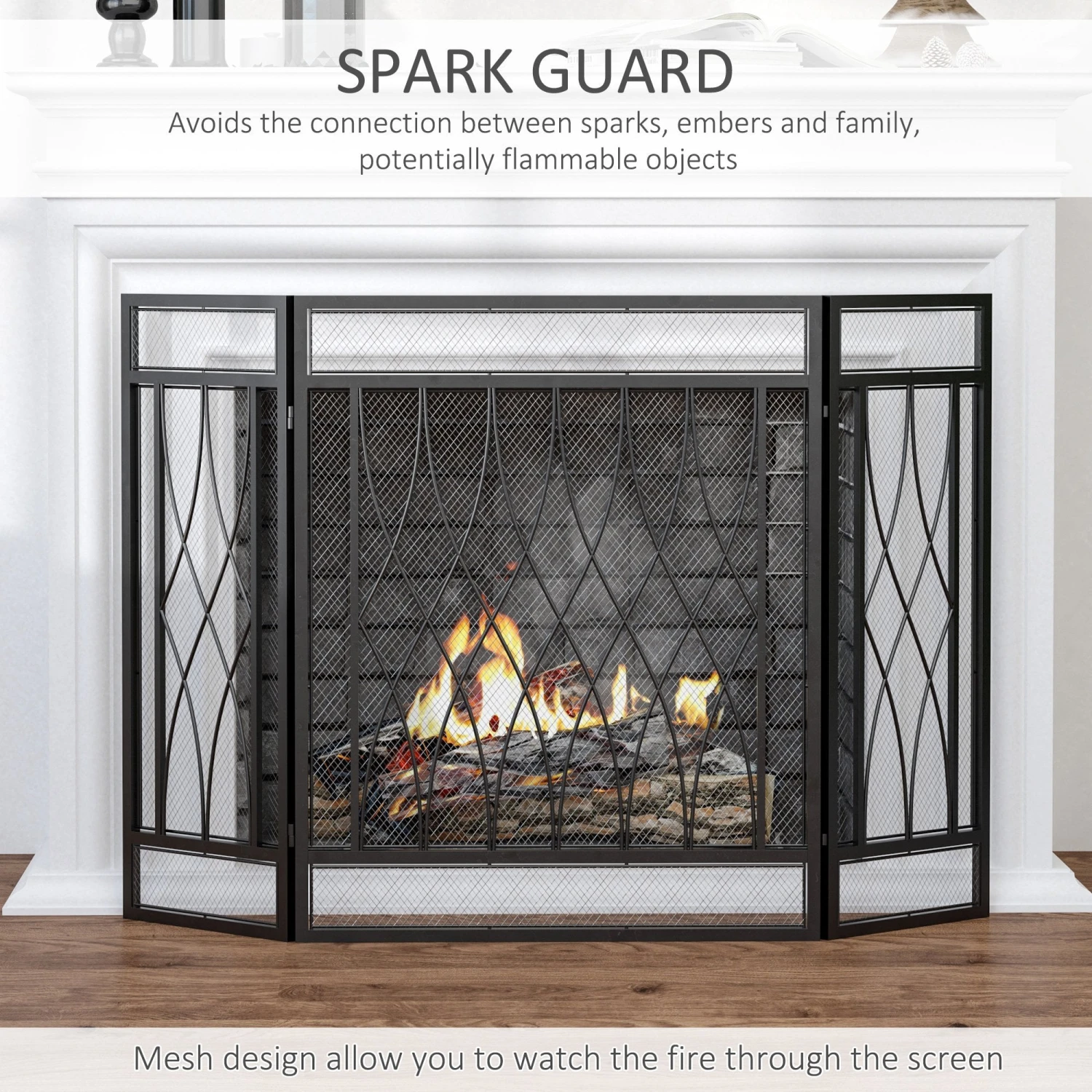 HOMCOM 3-Panel Folding Fireplace Screen, Metal Mesh Fire Spark Guard, 126L X 3W X 80H Cm-Black 4 HOMCOM 3-Panel Folding Fireplace Screen, Metal Mesh Fire Spark Guard, 126L X 3W X 80H Cm-Black - Image 4