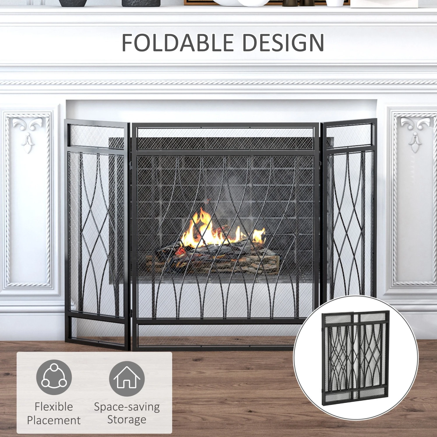 HOMCOM 3-Panel Folding Fireplace Screen, Metal Mesh Fire Spark Guard, 126L X 3W X 80H Cm-Black 5 HOMCOM 3-Panel Folding Fireplace Screen, Metal Mesh Fire Spark Guard, 126L X 3W X 80H Cm-Black - Image 5