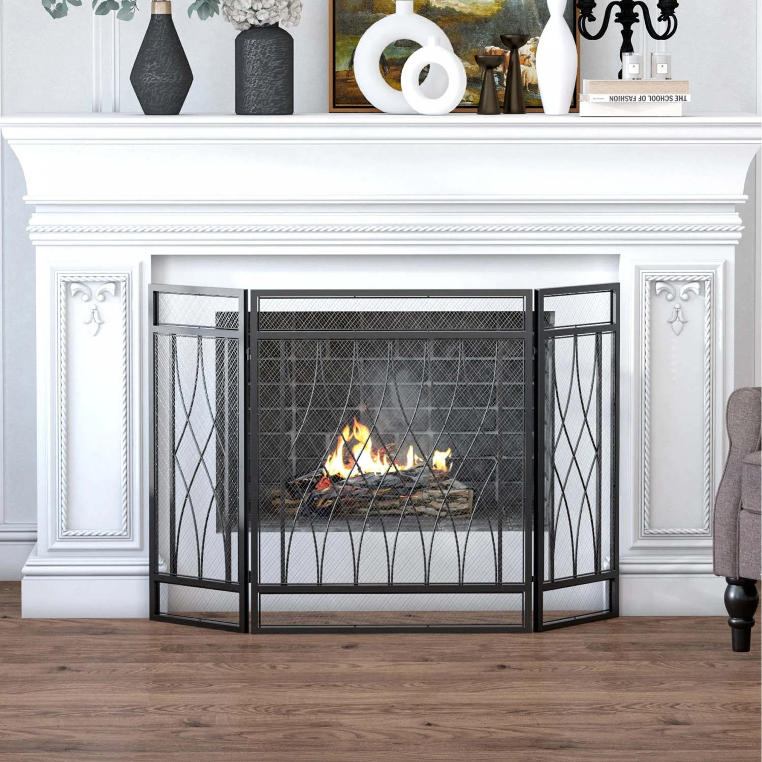 HOMCOM 3-Panel Folding Fireplace Screen, Metal Mesh Fire Spark Guard, 126L X 3W X 80H Cm-Black 10 HOMCOM 3-Panel Folding Fireplace Screen, Metal Mesh Fire Spark Guard, 126L X 3W X 80H Cm-Black - Image 10