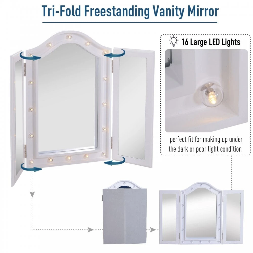 HOMCOM MDF Tri-Fold LED Vanity Mirror W/ 16 Spotlights White 5 HOMCOM MDF Tri-Fold LED Vanity Mirror W/ 16 Spotlights White - Image 5