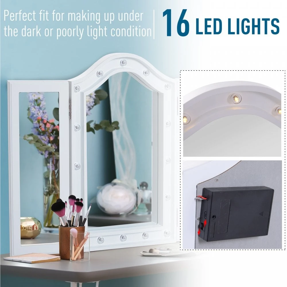 HOMCOM MDF Tri-Fold LED Vanity Mirror W/ 16 Spotlights White 6 HOMCOM MDF Tri-Fold LED Vanity Mirror W/ 16 Spotlights White - Image 6