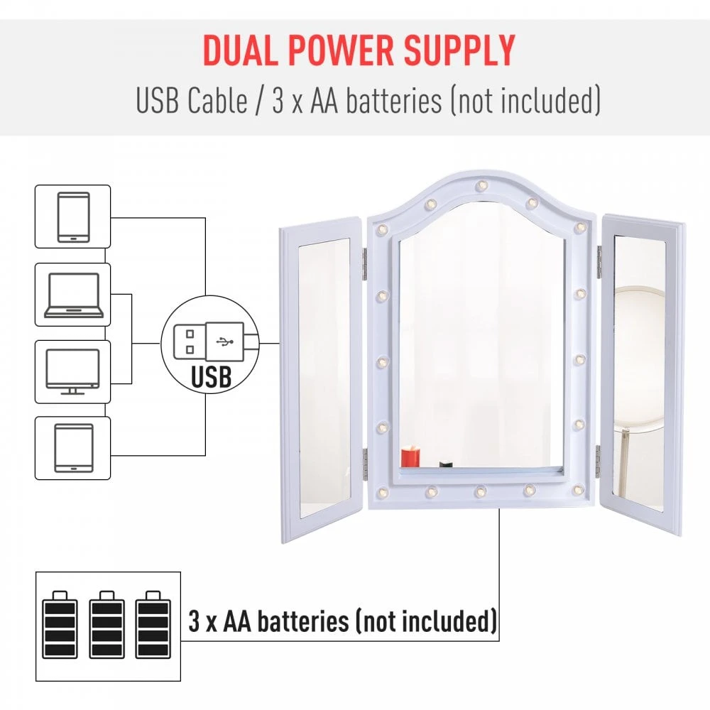 HOMCOM MDF Tri-Fold LED Vanity Mirror W/ 16 Spotlights White 7 HOMCOM MDF Tri-Fold LED Vanity Mirror W/ 16 Spotlights White - Image 7