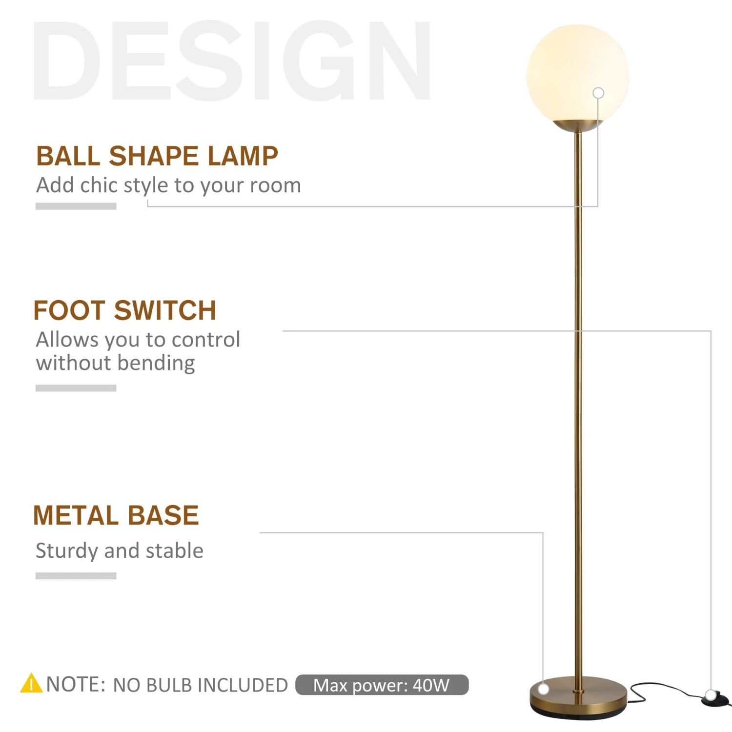 HOMCOM Steel Glass Sphere Floor Lamp Gold 4 HOMCOM Steel Glass Sphere Floor Lamp Gold - Image 4