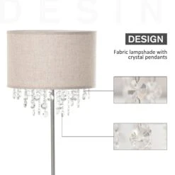 HOMCOM Modern Steel Floor Lamp With Crystal Pendant Fabric Lampshade Floor Switch, For Living Room, Entrance, Office, Silver And Cream White Shade Metal Base -Home Furnishing Serie Shop 1645414352 30530900