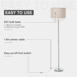 HOMCOM Modern Steel Floor Lamp With Crystal Pendant Fabric Lampshade Floor Switch, For Living Room, Entrance, Office, Silver And Cream White Shade Metal Base -Home Furnishing Serie Shop 1645414357 88824200