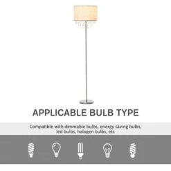HOMCOM Modern Steel Floor Lamp With Crystal Pendant Fabric Lampshade Floor Switch, For Living Room, Entrance, Office, Silver And Cream White Shade Metal Base -Home Furnishing Serie Shop 1645414360 70360900