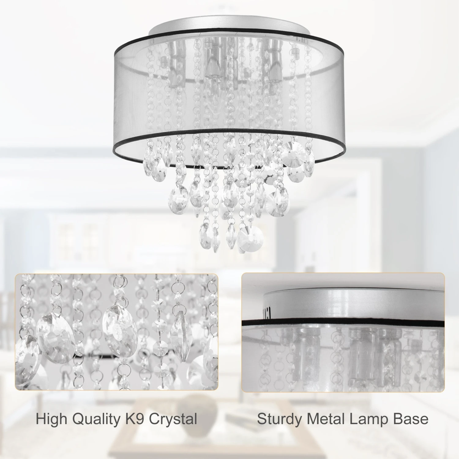 HOMCOM Modern Crystal Chandelier Flush Mount LED Ceiling Light With Drum Shade For Living Room Bedroom Dining Room Silver W/ 5 HOMCOM Modern Crystal Chandelier Flush Mount LED Ceiling Light With Drum Shade For Living Room Bedroom Dining Room Silver W/ - Image 5