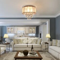 HOMCOM Modern Crystal Chandelier Flush Mount LED Ceiling Light With Drum Shade For Living Room Bedroom Dining Room Silver W/ 17 HOMCOM Modern Crystal Chandelier Flush Mount LED Ceiling Light With Drum Shade For Living Room Bedroom Dining Room Silver W/ -Home Furnishing Serie Shop 1645414674 76574900