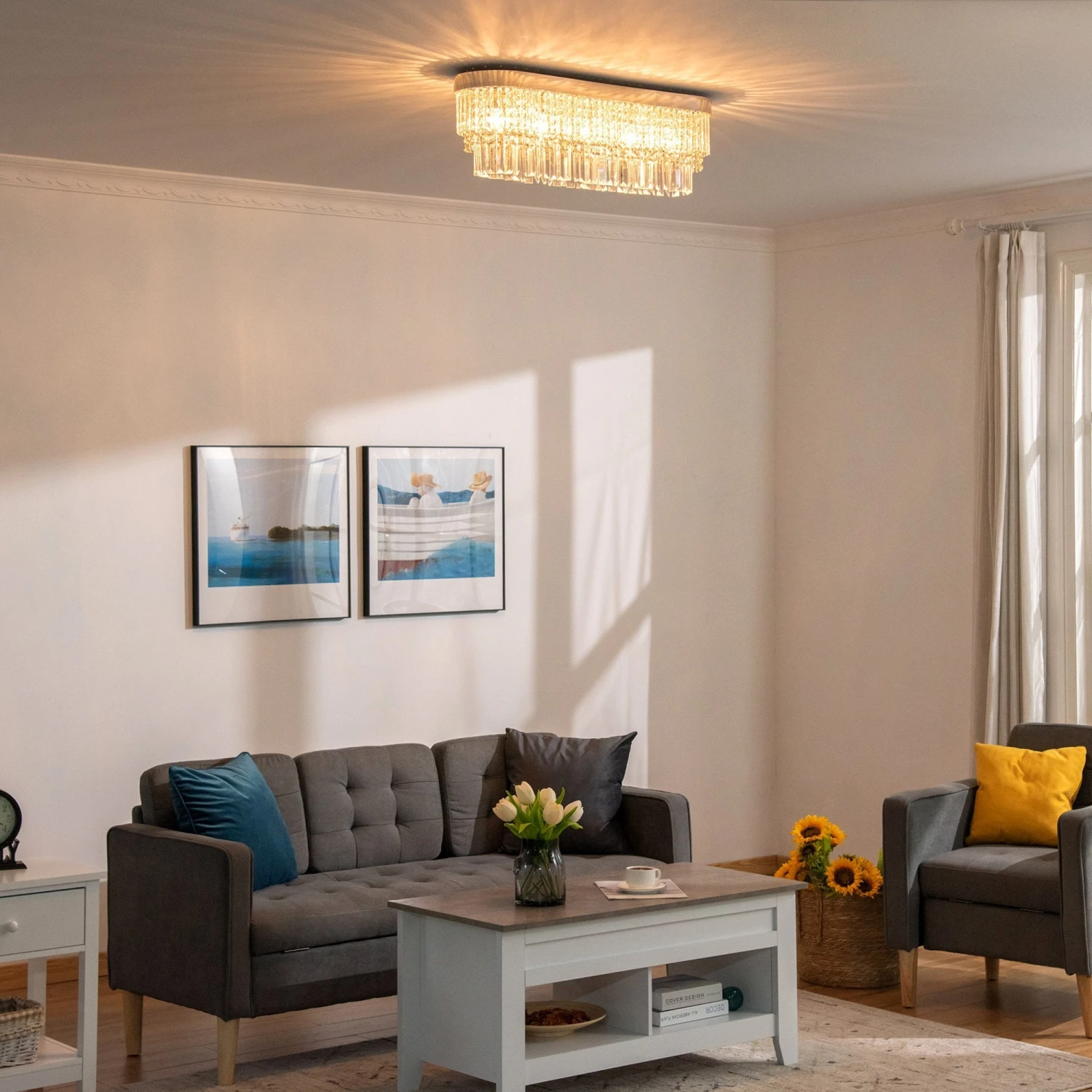 HOMCOM Modern Raindrop Crystal Chandelier, Round Rectangular Pendant Ceiling Light, Linear Hanging Lighting With Stainless Steel Base, For Restaurant Kitchen Island Dining Room Hotel, Silver Chandelier Light 2 HOMCOM Modern Raindrop Crystal Chandelier, Round Rectangular Pendant Ceiling Light, Linear Hanging Lighting With Stainless Steel Base, For Restaurant Kitchen Island Dining Room Hotel, Silver Chandelier Light - Image 2