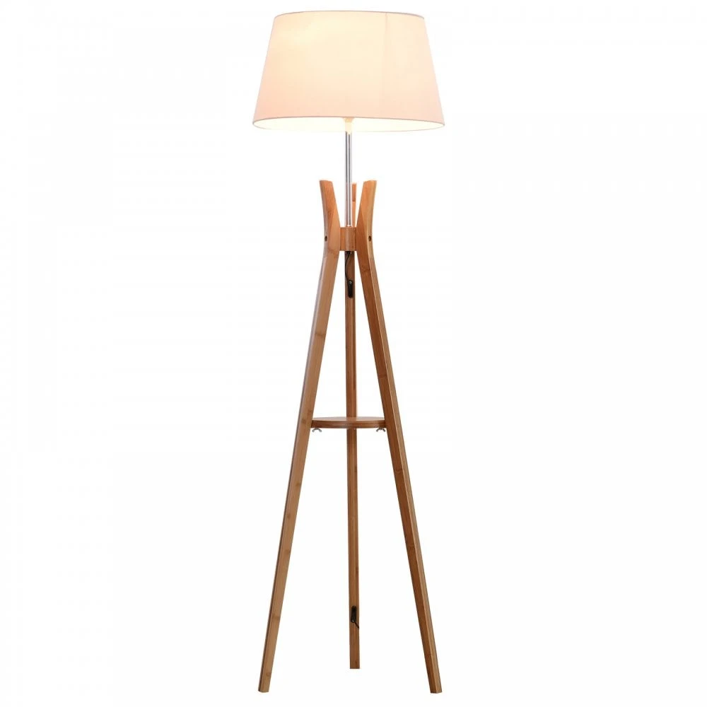 HOMCOM Bamboo Freestanding Tripod Floor Lamp W/ Shelf White 1 HOMCOM Bamboo Freestanding Tripod Floor Lamp W/ Shelf White