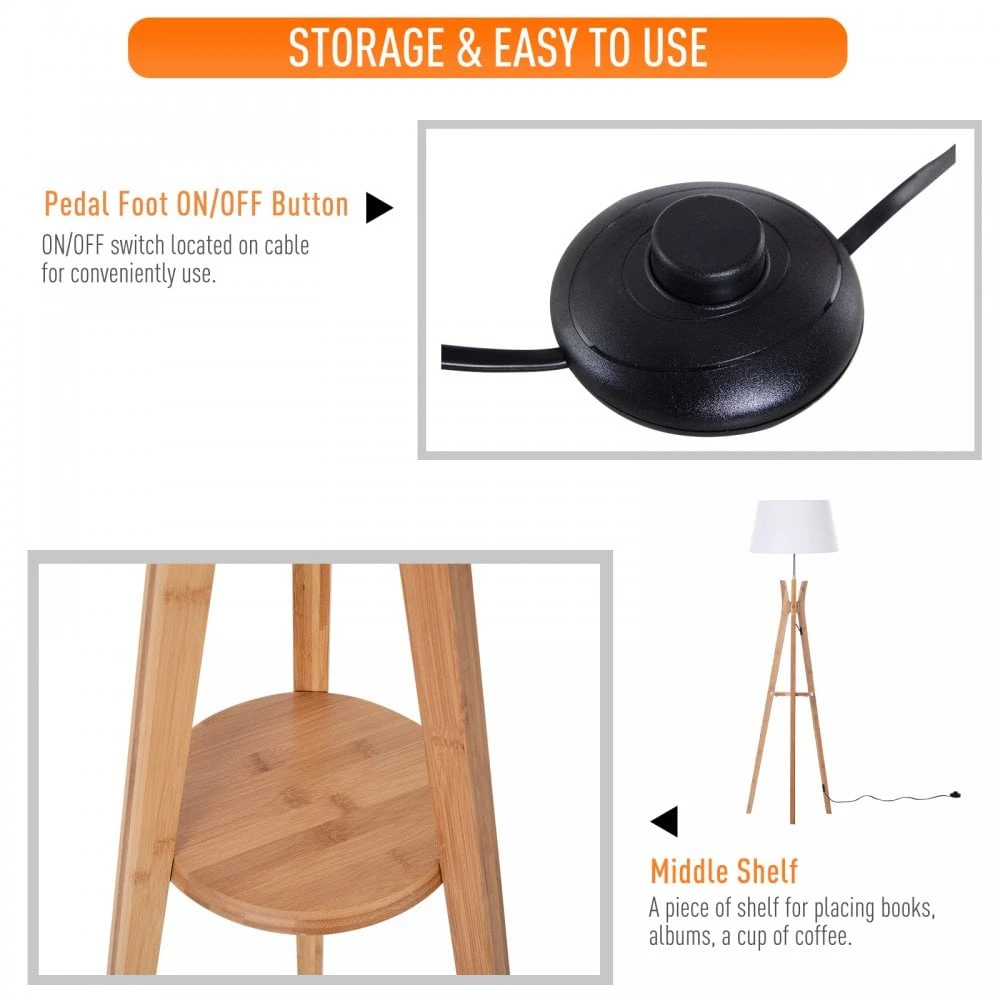 HOMCOM Bamboo Freestanding Tripod Floor Lamp W/ Shelf White 7 HOMCOM Bamboo Freestanding Tripod Floor Lamp W/ Shelf White - Image 7