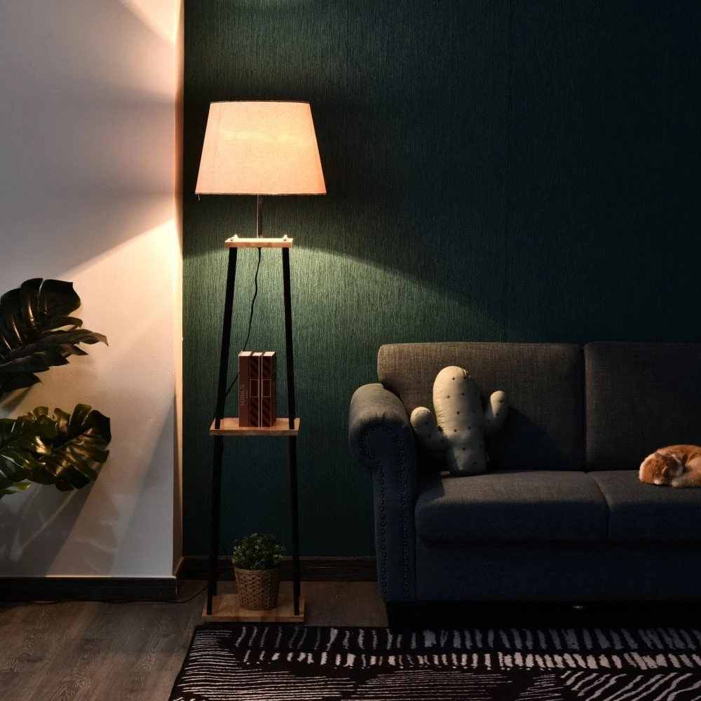 HOMCOM Metal Frame 3-Tier Shelf Tripod Lamp W/ Foot Switch Beige 2 HOMCOM Metal Frame 3-Tier Shelf Tripod Lamp W/ Foot Switch Beige - Image 2