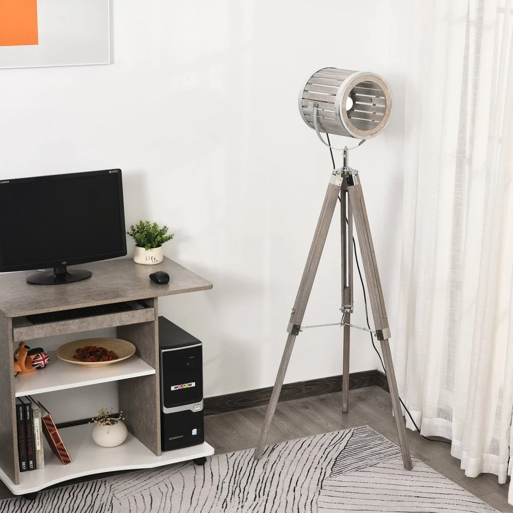 HOMCOM Pine Wood Tripod Floor Lamp Standing Lamp - Brown And Silver 2 HOMCOM Pine Wood Tripod Floor Lamp Standing Lamp - Brown And Silver - Image 2