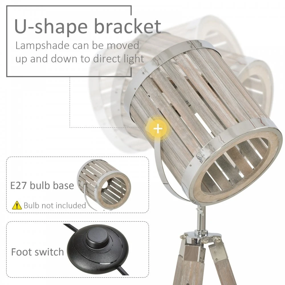 HOMCOM Pine Wood Tripod Floor Lamp Standing Lamp - Brown And Silver 5 HOMCOM Pine Wood Tripod Floor Lamp Standing Lamp - Brown And Silver - Image 5