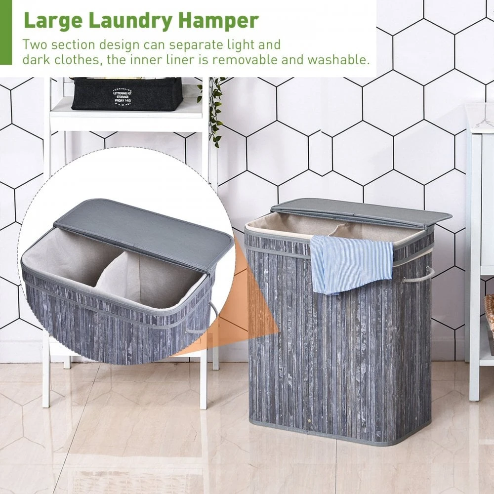 70L 2-Compartment Bamboo Laundry Basket Grey 7 70L 2-Compartment Bamboo Laundry Basket Grey - Image 7