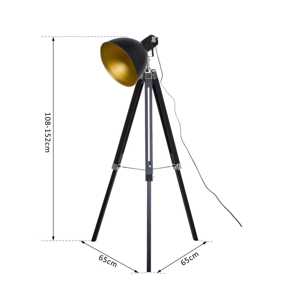 HOMCOM Retro Tripod Floor Lamp Height Adjustable Studio Dome Shade Light Wooden Legs-Black/Gold 3 HOMCOM Retro Tripod Floor Lamp Height Adjustable Studio Dome Shade Light Wooden Legs-Black/Gold - Image 3