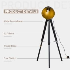 HOMCOM Retro Tripod Floor Lamp Height Adjustable Studio Dome Shade Light Wooden Legs-Black/Gold 13 HOMCOM Retro Tripod Floor Lamp Height Adjustable Studio Dome Shade Light Wooden Legs-Black/Gold -Home Furnishing Serie Shop 1646325077 69573300