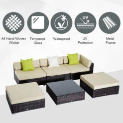 Outsunny 6 PC Rattan Sofa Coffee Table Set Sectional Wicker Weave Furniture For Garden Outdoor Conservatory W/ Pillow Cushion- Brown 10 Outsunny 6 PC Rattan Sofa Coffee Table Set Sectional Wicker Weave Furniture For Garden Outdoor Conservatory W/ Pillow Cushion- Brown -Home Furnishing Serie Shop 1TXb1017eecc2901c jpg